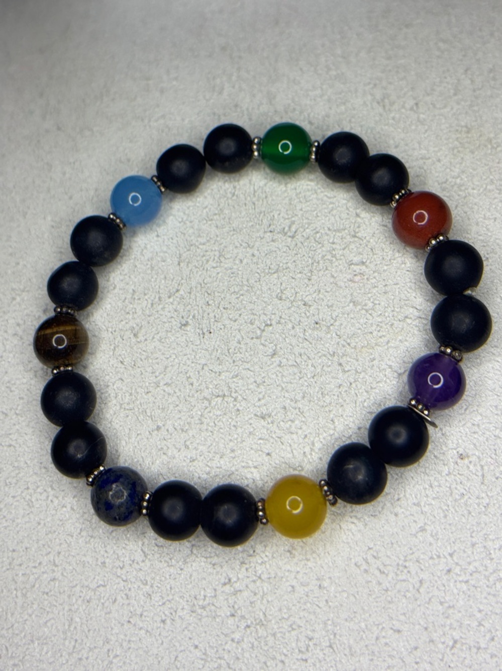 Multicolor Stone Beaded Stretch Bracelet with Silver Spacer Beads